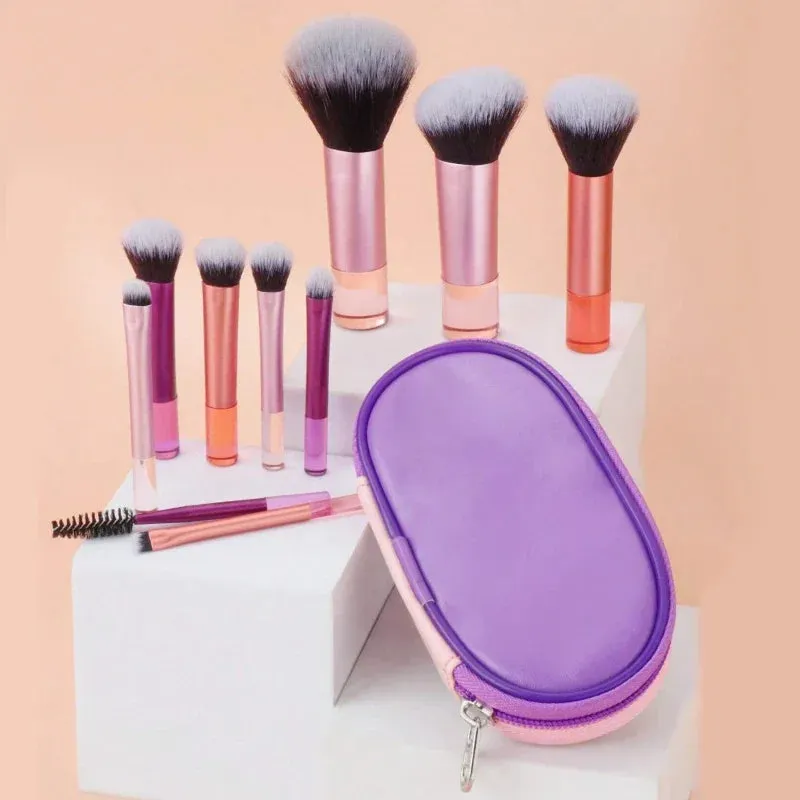 10 short handle makeup brush set multi-color black pink short handle vertical flat makeup brush With small bag Brush set