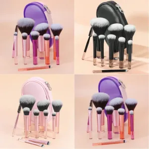 10 short handle makeup brush set multi-color black pink short handle vertical flat makeup brush With small bag Brush set