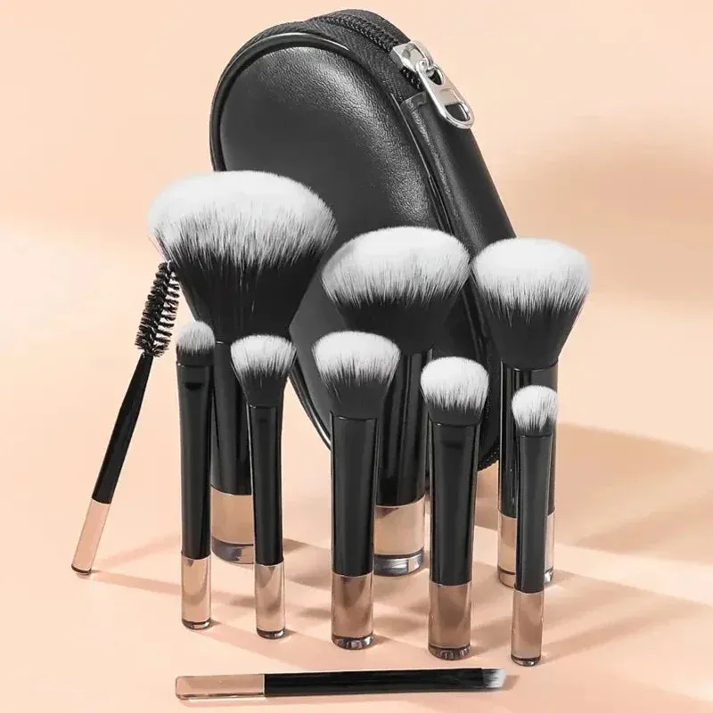 10 short handle makeup brush set multi-color black pink short handle vertical flat makeup brush With small bag Brush set