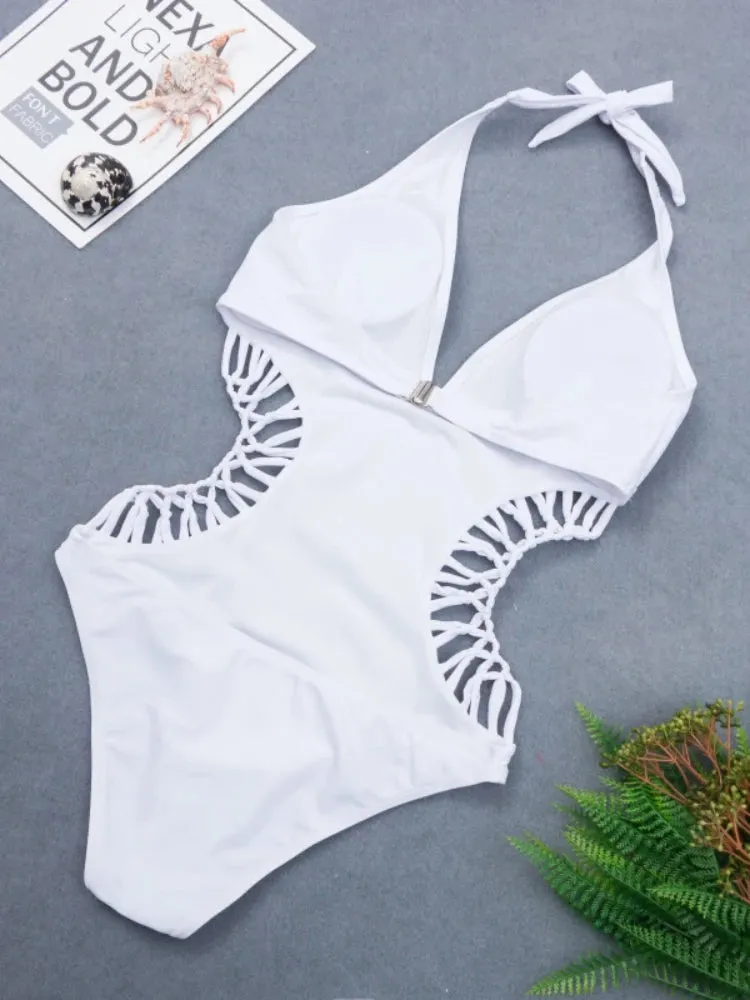 2024 Sexy White Halter Cut Out Bandage Trikini Swim Bathing Suit Monokini Push Up Brazilian Swimwear Women One Piece Swimsuit