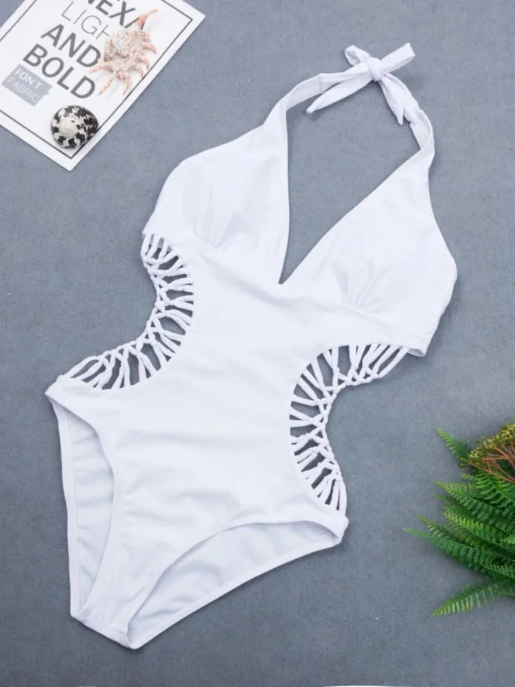 2024 Sexy White Halter Cut Out Bandage Trikini Swim Bathing Suit Monokini Push Up Brazilian Swimwear Women One Piece Swimsuit