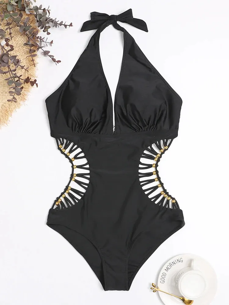 2024 Sexy White Halter Cut Out Bandage Trikini Swim Bathing Suit Monokini Push Up Brazilian Swimwear Women One Piece Swimsuit