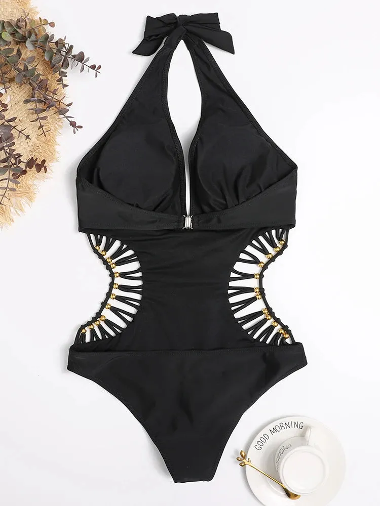 2024 Sexy White Halter Cut Out Bandage Trikini Swim Bathing Suit Monokini Push Up Brazilian Swimwear Women One Piece Swimsuit