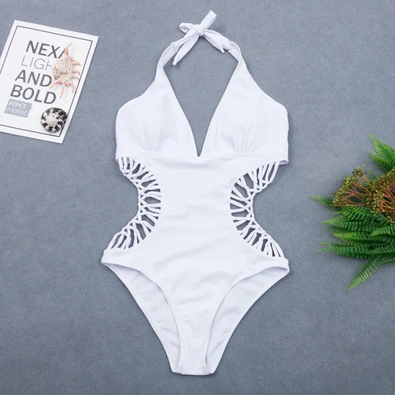2024 Sexy White Halter Cut Out Bandage Trikini Swim Bathing Suit Monokini Push Up Brazilian Swimwear Women One Piece Swimsuit