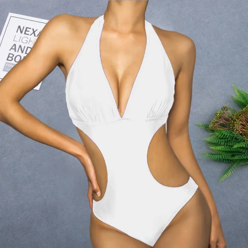 2024 Sexy White Halter Cut Out Bandage Trikini Swim Bathing Suit Monokini Push Up Brazilian Swimwear Women One Piece Swimsuit
