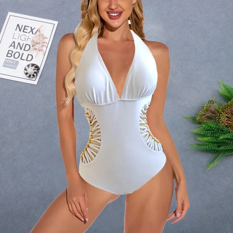 2024 Sexy White Halter Cut Out Bandage Trikini Swim Bathing Suit Monokini Push Up Brazilian Swimwear Women One Piece Swimsuit