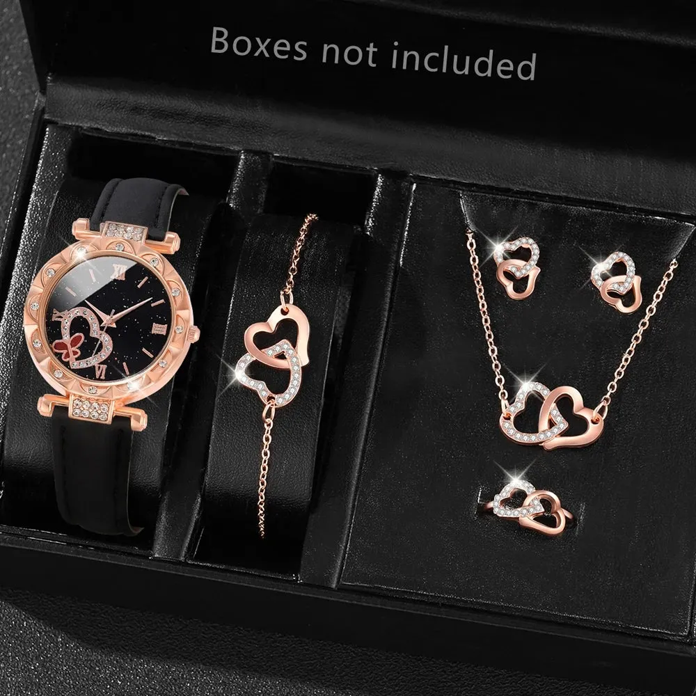 6PCS/Set Women Watch Casual Fashion Quartz Watch Analog PU Leather Wristwatch Heart-shaped Jewelry Set Valentines Gift For Her