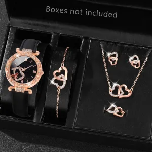 6PCS/Set Women Watch Casual Fashion Quartz Watch Analog PU Leather Wristwatch Heart-shaped Jewelry Set Valentines Gift For Her