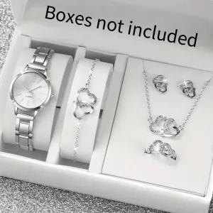 6pcs/set Women's Watch Casual Fashion Quartz Watch & Heart Rhinestone Jewelry Set, Valentines Gift For Her