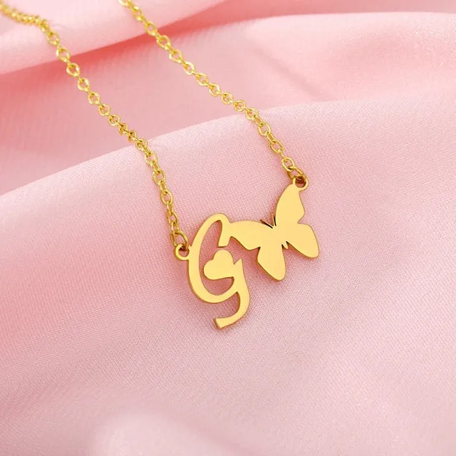 A-Z Butterfly Heart Initial Letter Necklaces For Women Gold Color Stainless Steel Long Chain Female Pendant Necklace Jewelry