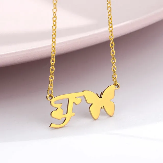 A-Z Butterfly Heart Initial Letter Necklaces For Women Gold Color Stainless Steel Long Chain Female Pendant Necklace Jewelry