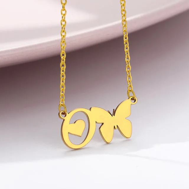 A-Z Butterfly Heart Initial Letter Necklaces For Women Gold Color Stainless Steel Long Chain Female Pendant Necklace Jewelry