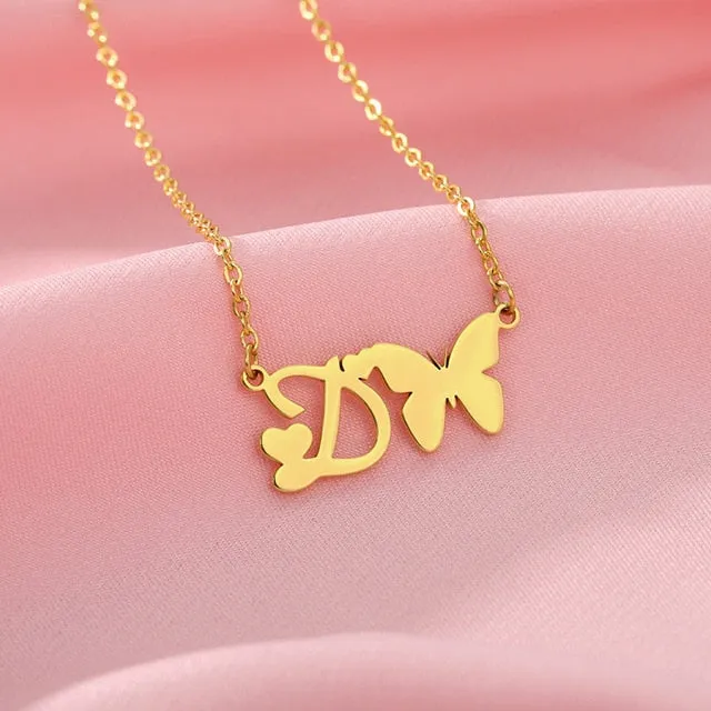 A-Z Butterfly Heart Initial Letter Necklaces For Women Gold Color Stainless Steel Long Chain Female Pendant Necklace Jewelry
