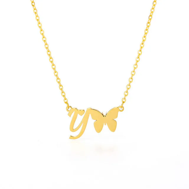 A-Z Butterfly Heart Initial Letter Necklaces For Women Gold Color Stainless Steel Long Chain Female Pendant Necklace Jewelry