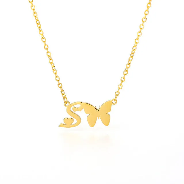 A-Z Butterfly Heart Initial Letter Necklaces For Women Gold Color Stainless Steel Long Chain Female Pendant Necklace Jewelry