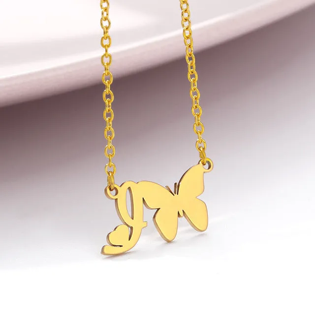 A-Z Butterfly Heart Initial Letter Necklaces For Women Gold Color Stainless Steel Long Chain Female Pendant Necklace Jewelry