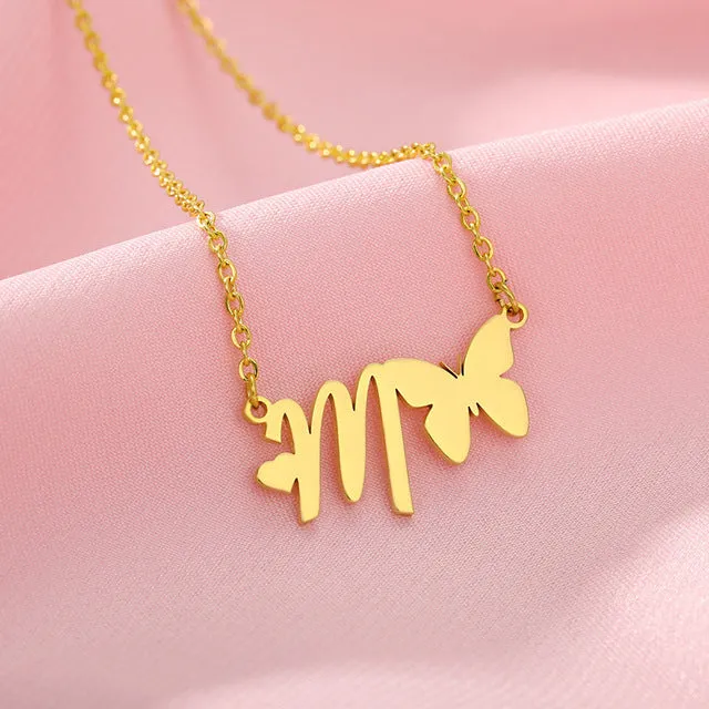 A-Z Butterfly Heart Initial Letter Necklaces For Women Gold Color Stainless Steel Long Chain Female Pendant Necklace Jewelry