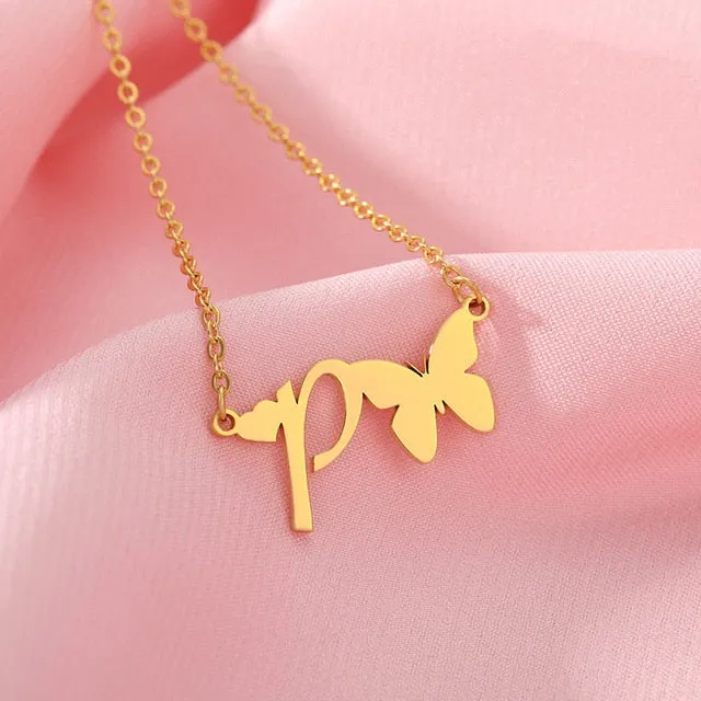 A-Z Butterfly Heart Initial Letter Necklaces For Women Gold Color Stainless Steel Long Chain Female Pendant Necklace Jewelry
