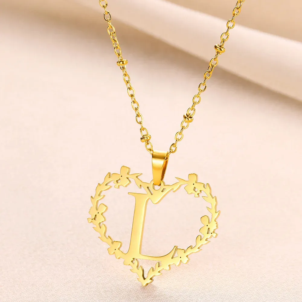 A-Z Letters Leaf Heart Initials Necklace For Women Girl Gold Color Stainless Steel Jewelry Letter Love Pendant Choker Best Gifts