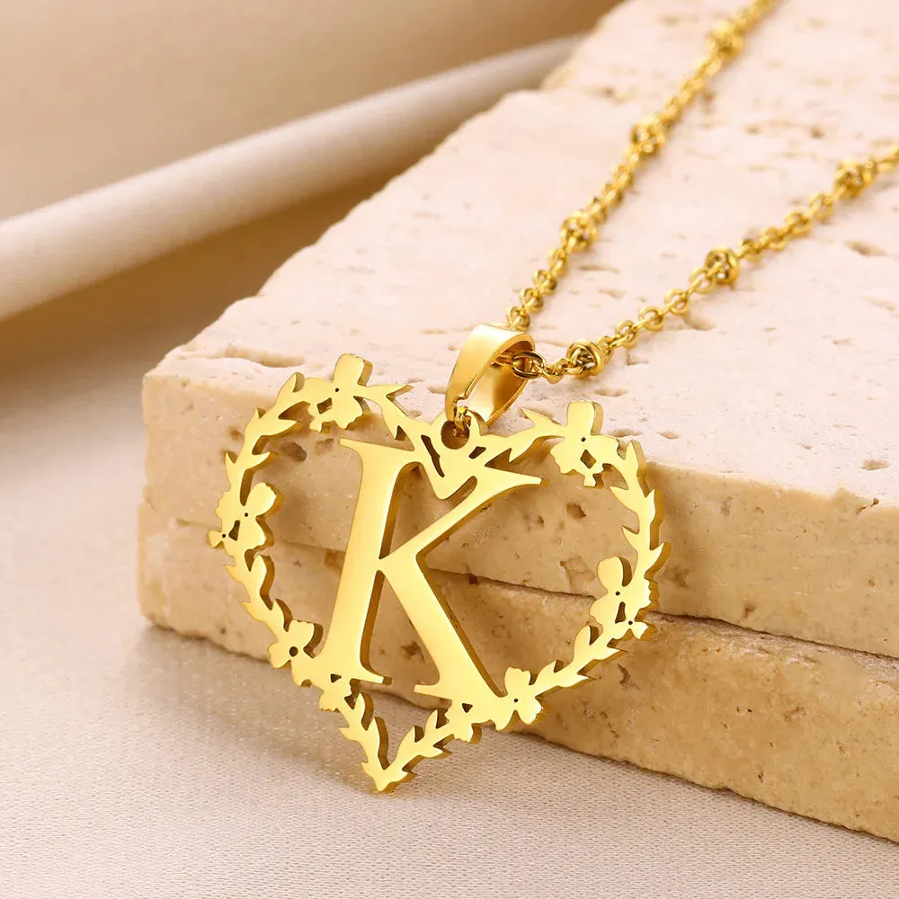 A-Z Letters Leaf Heart Initials Necklace For Women Girl Gold Color Stainless Steel Jewelry Letter Love Pendant Choker Best Gifts