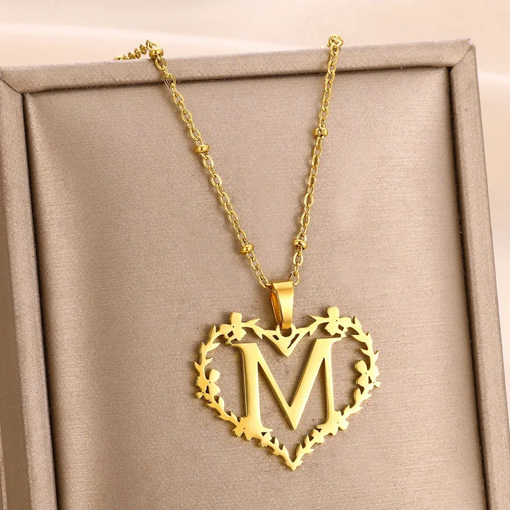 A-Z Letters Leaf Heart Initials Necklace For Women Girl Gold Color Stainless Steel Jewelry Letter Love Pendant Choker Best Gifts