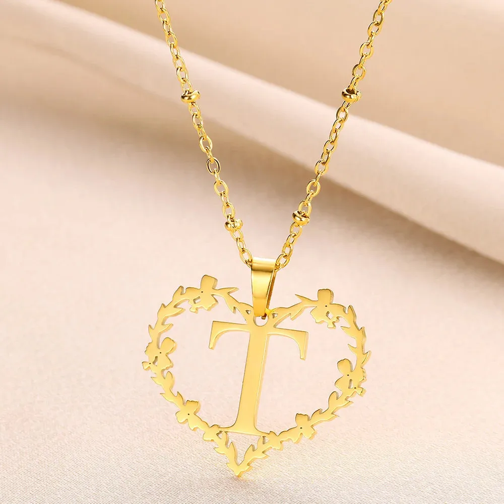 A-Z Letters Leaf Heart Initials Necklace For Women Girl Gold Color Stainless Steel Jewelry Letter Love Pendant Choker Best Gifts