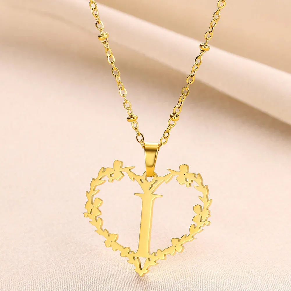 A-Z Letters Leaf Heart Initials Necklace For Women Girl Gold Color Stainless Steel Jewelry Letter Love Pendant Choker Best Gifts