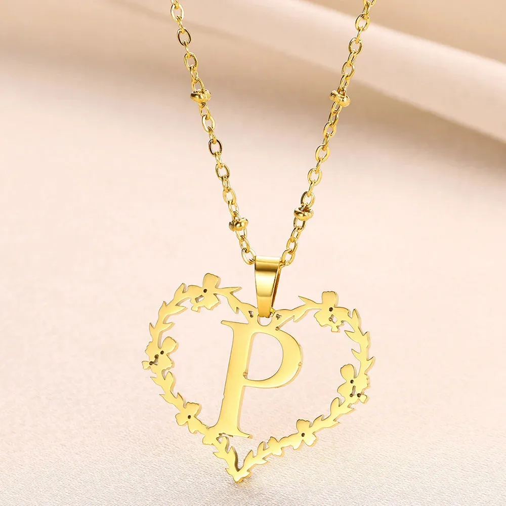 A-Z Letters Leaf Heart Initials Necklace For Women Girl Gold Color Stainless Steel Jewelry Letter Love Pendant Choker Best Gifts