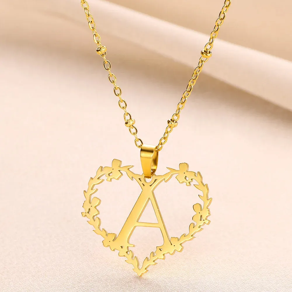 A-Z Letters Leaf Heart Initials Necklace For Women Girl Gold Color Stainless Steel Jewelry Letter Love Pendant Choker Best Gifts