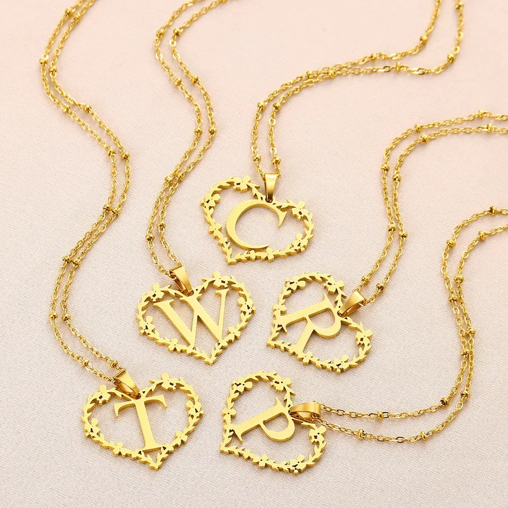 A-Z Letters Leaf Heart Initials Necklace For Women Girl Gold Color Stainless Steel Jewelry Letter Love Pendant Choker Best Gifts