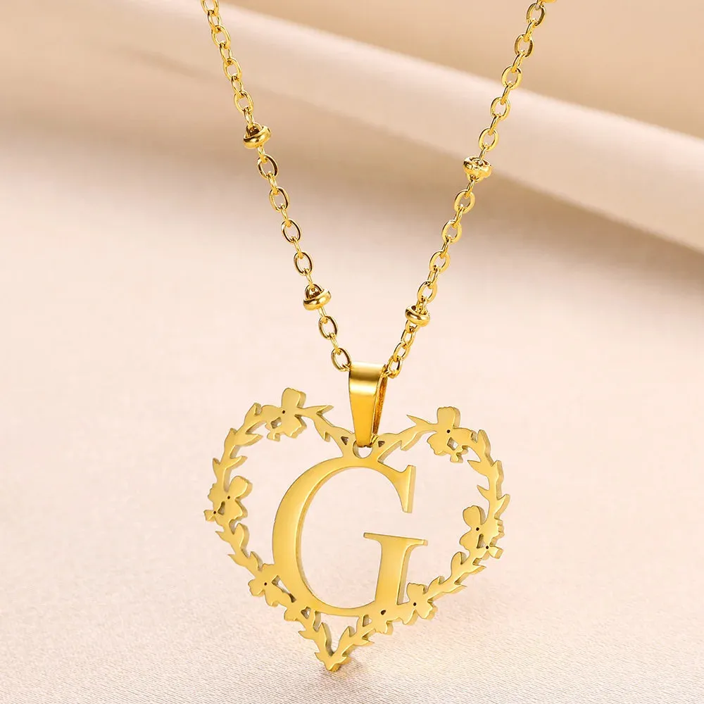A-Z Letters Leaf Heart Initials Necklace For Women Girl Gold Color Stainless Steel Jewelry Letter Love Pendant Choker Best Gifts