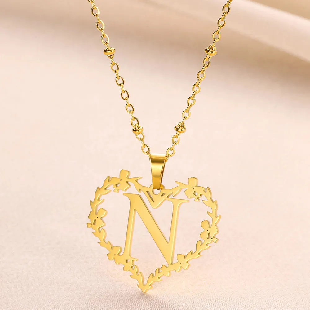 A-Z Letters Leaf Heart Initials Necklace For Women Girl Gold Color Stainless Steel Jewelry Letter Love Pendant Choker Best Gifts
