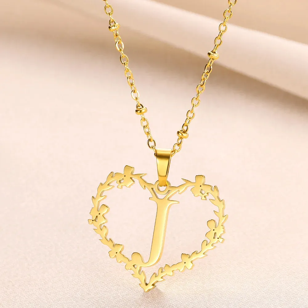 A-Z Letters Leaf Heart Initials Necklace For Women Girl Gold Color Stainless Steel Jewelry Letter Love Pendant Choker Best Gifts
