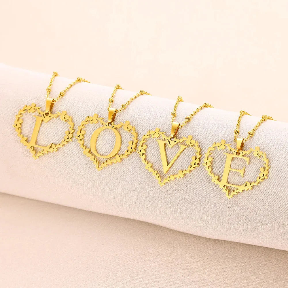 A-Z Letters Leaf Heart Initials Necklace For Women Girl Gold Color Stainless Steel Jewelry Letter Love Pendant Choker Best Gifts