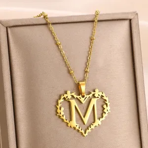 A-Z Letters Leaf Heart Initials Necklace For Women Girl Gold Color Stainless Steel Jewelry Letter Love Pendant Choker Best Gifts