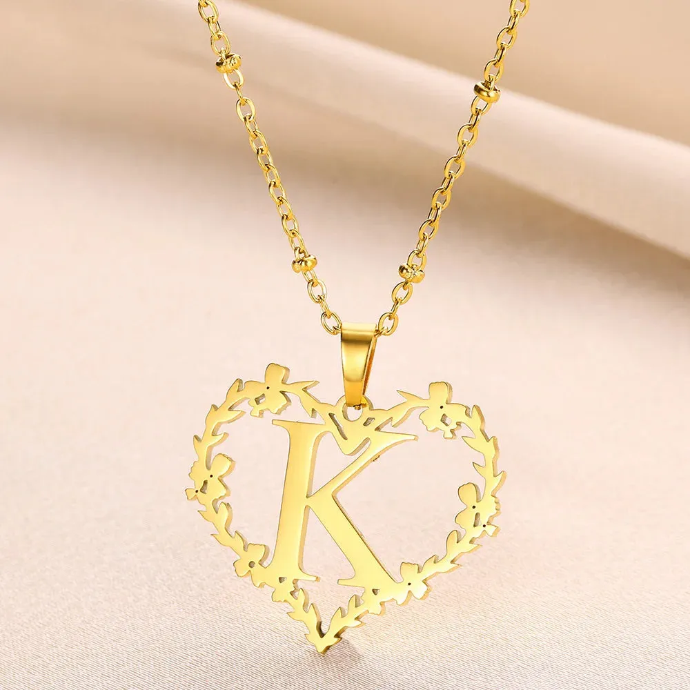 A-Z Letters Leaf Heart Initials Necklace For Women Girl Gold Color Stainless Steel Jewelry Letter Love Pendant Choker Best Gifts
