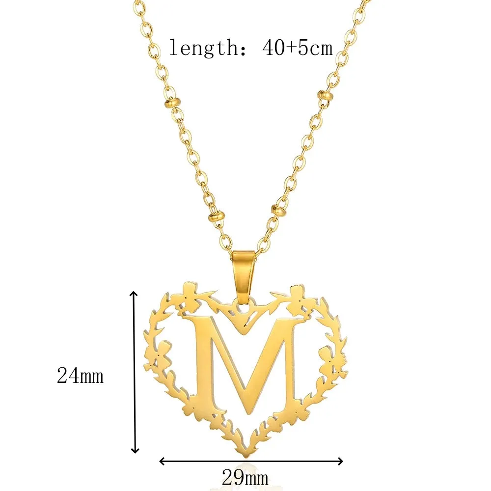 A-Z Letters Leaf Heart Initials Necklace For Women Girl Gold Color Stainless Steel Jewelry Letter Love Pendant Choker Best Gifts