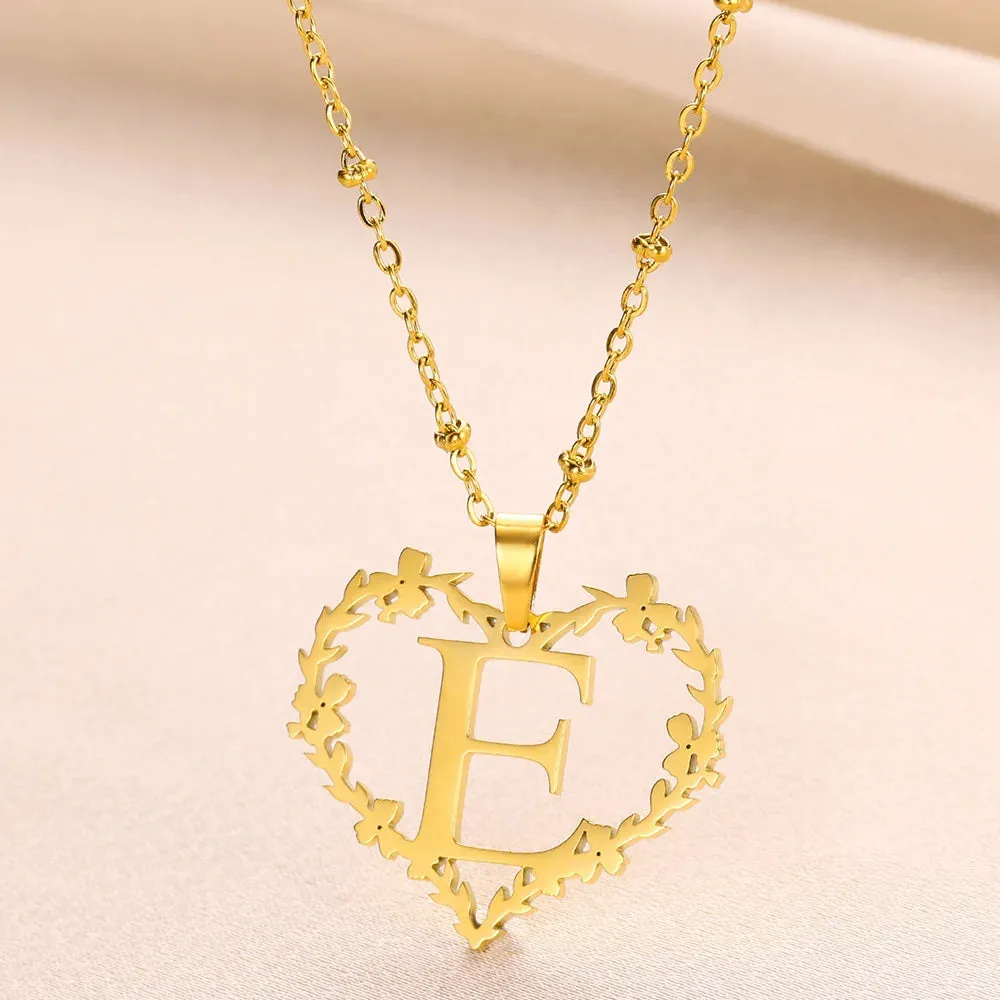 A-Z Letters Leaf Heart Initials Necklace For Women Girl Gold Color Stainless Steel Jewelry Letter Love Pendant Choker Best Gifts