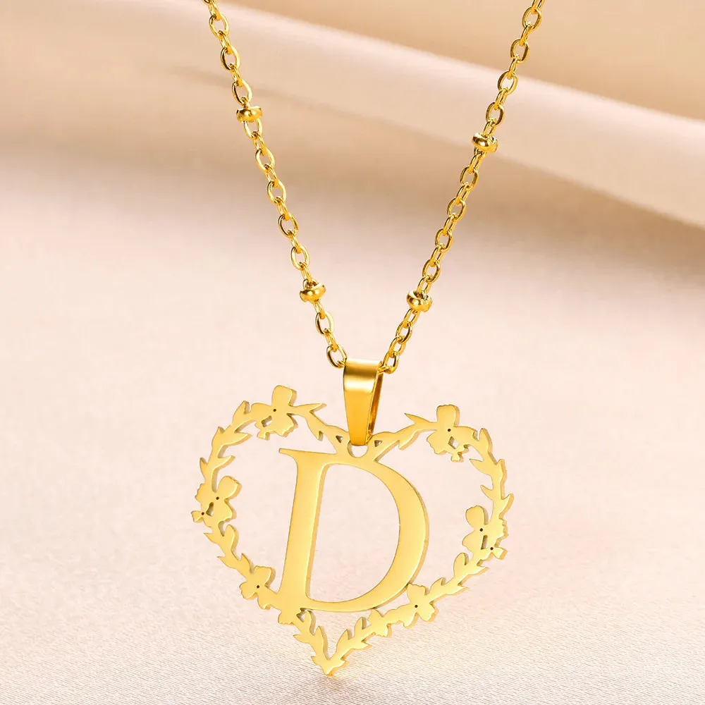 A-Z Letters Leaf Heart Initials Necklace For Women Girl Gold Color Stainless Steel Jewelry Letter Love Pendant Choker Best Gifts