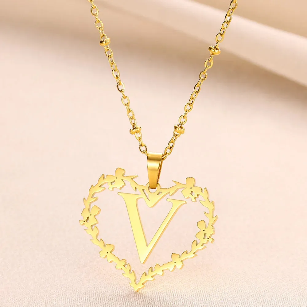 A-Z Letters Leaf Heart Initials Necklace For Women Girl Gold Color Stainless Steel Jewelry Letter Love Pendant Choker Best Gifts