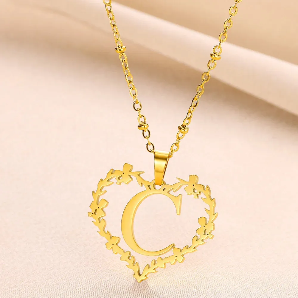 A-Z Letters Leaf Heart Initials Necklace For Women Girl Gold Color Stainless Steel Jewelry Letter Love Pendant Choker Best Gifts