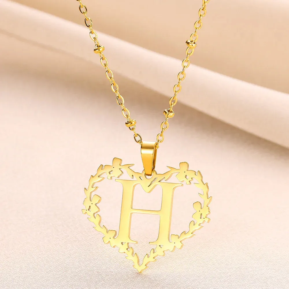A-Z Letters Leaf Heart Initials Necklace For Women Girl Gold Color Stainless Steel Jewelry Letter Love Pendant Choker Best Gifts