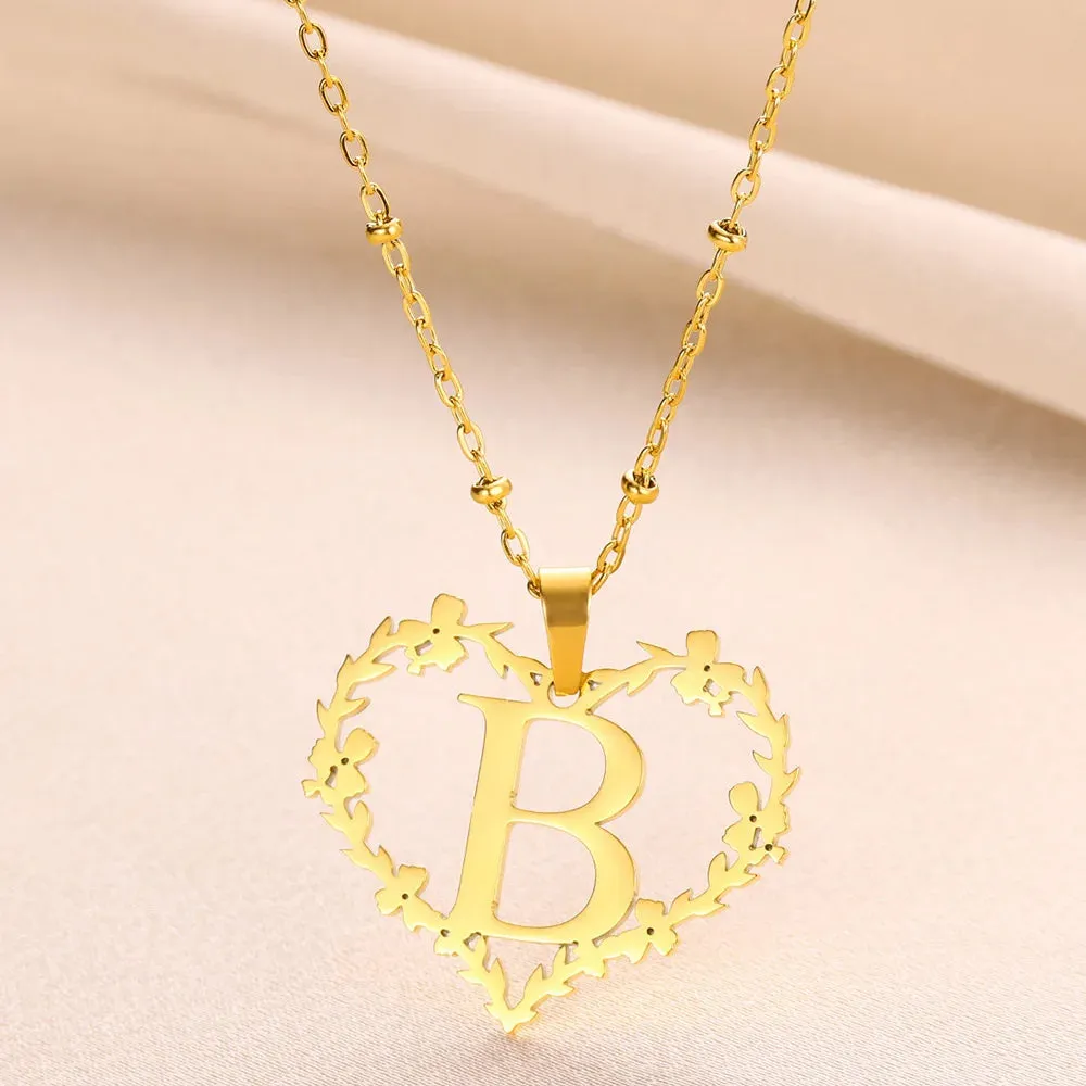 A-Z Letters Leaf Heart Initials Necklace For Women Girl Gold Color Stainless Steel Jewelry Letter Love Pendant Choker Best Gifts