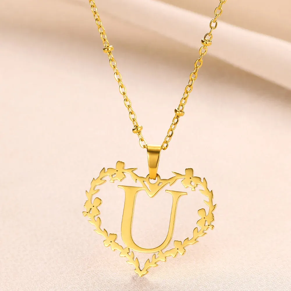 A-Z Letters Leaf Heart Initials Necklace For Women Girl Gold Color Stainless Steel Jewelry Letter Love Pendant Choker Best Gifts