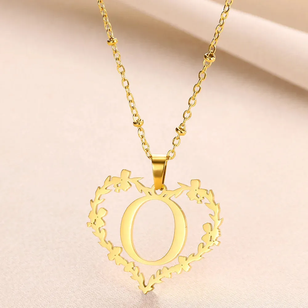 A-Z Letters Leaf Heart Initials Necklace For Women Girl Gold Color Stainless Steel Jewelry Letter Love Pendant Choker Best Gifts