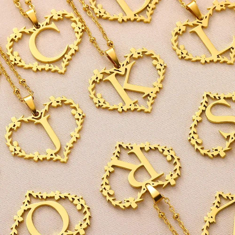 A-Z Letters Leaf Heart Initials Necklace For Women Girl Gold Color Stainless Steel Jewelry Letter Love Pendant Choker Best Gifts