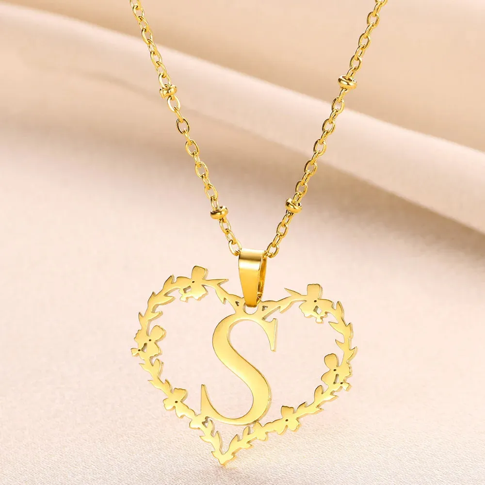 A-Z Letters Leaf Heart Initials Necklace For Women Girl Gold Color Stainless Steel Jewelry Letter Love Pendant Choker Best Gifts