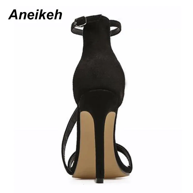 Aneikeh New Fashion Sexy Design Women Narrow Band Buckle Thin High Heels Black Faux Suede Open Toe Dress Sandals Shoe 35-42