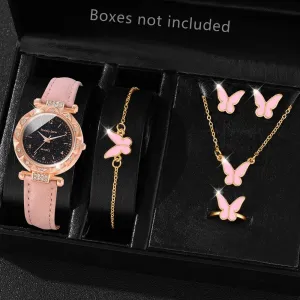 Fashion Ladies Watch 6PCS/Set Round Quartz Wristwatch Pink Leather Strap Fashion Casual Watch  Jewelry Gift For Her