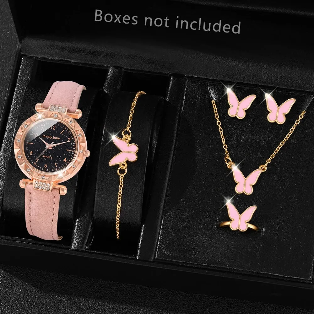 Fashion Ladies Watch 6PCS/Set Round Quartz Wristwatch Pink Leather Strap Fashion Casual Watch  Jewelry Gift For Her